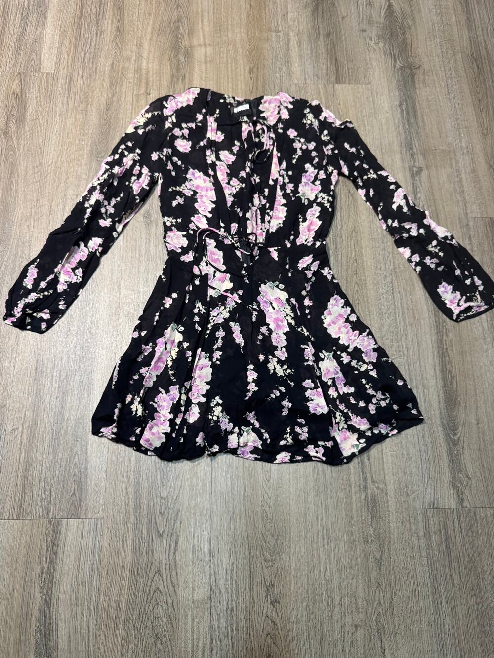 Reformation Women's Pink & Black Floral Mini Dress with Tie Front Detail